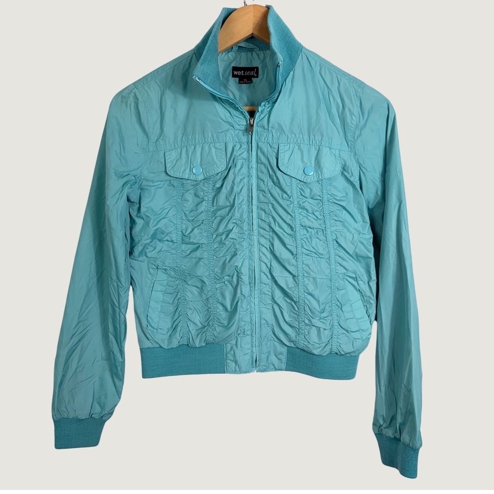 Wet Seal Jacket XS Turquoise Windbreaker Ruched Bomber Lightweight Zip Up